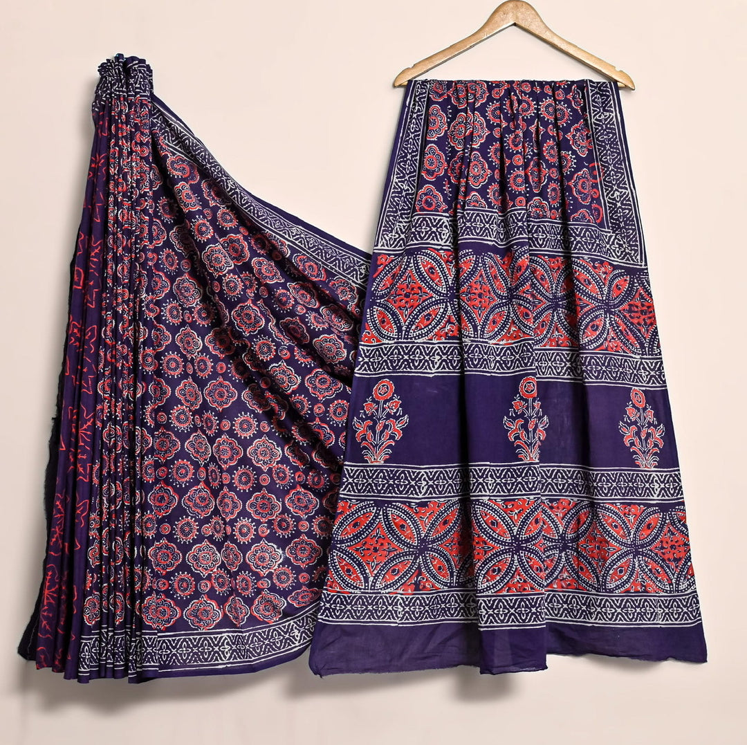 Ajrakh Pure Cotton Mulmul Bagru Handblock print Saree with blouse