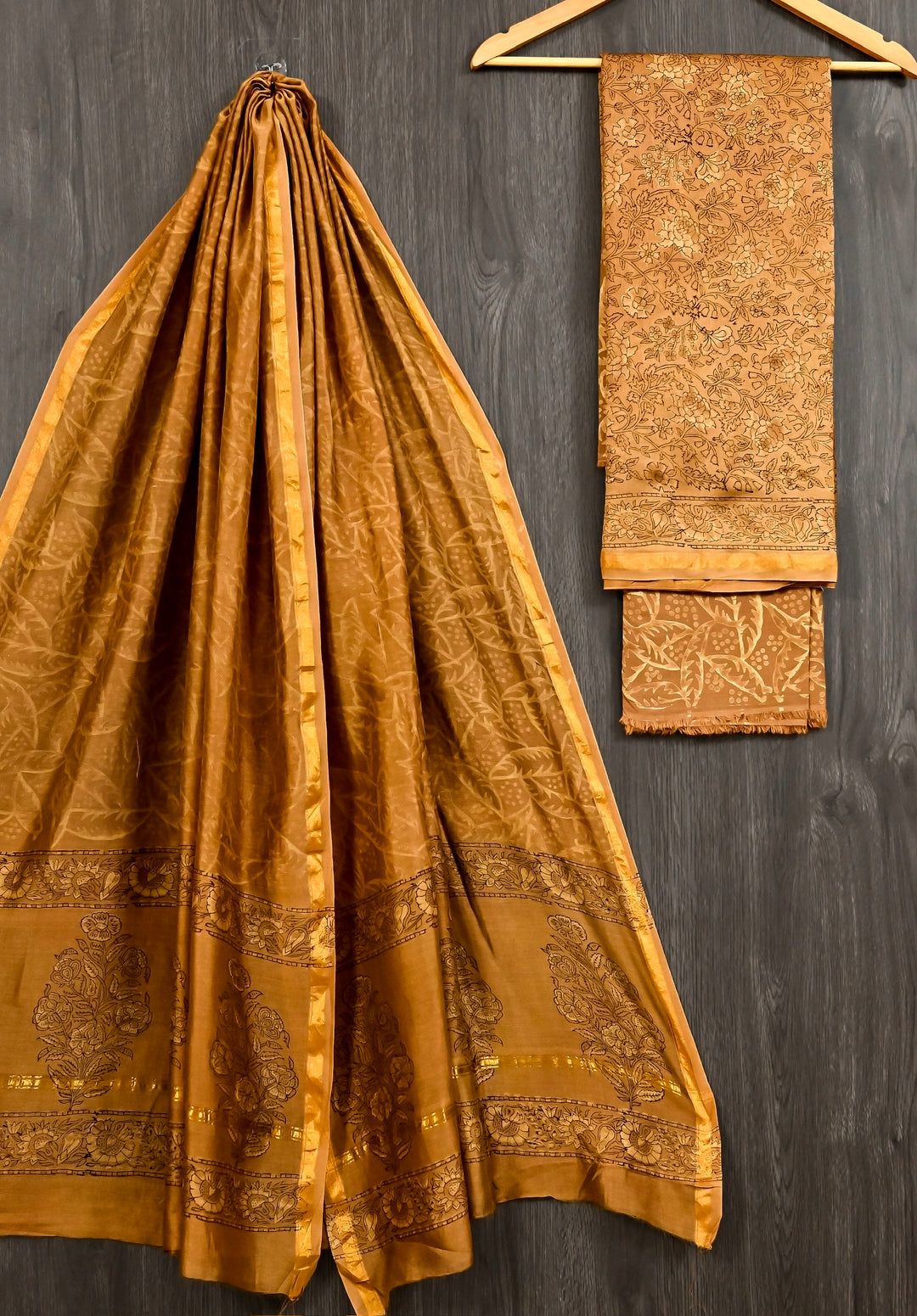 Earthy Copper Brown Monochrome Handblock Printed Pure Chanderi Silk Suit