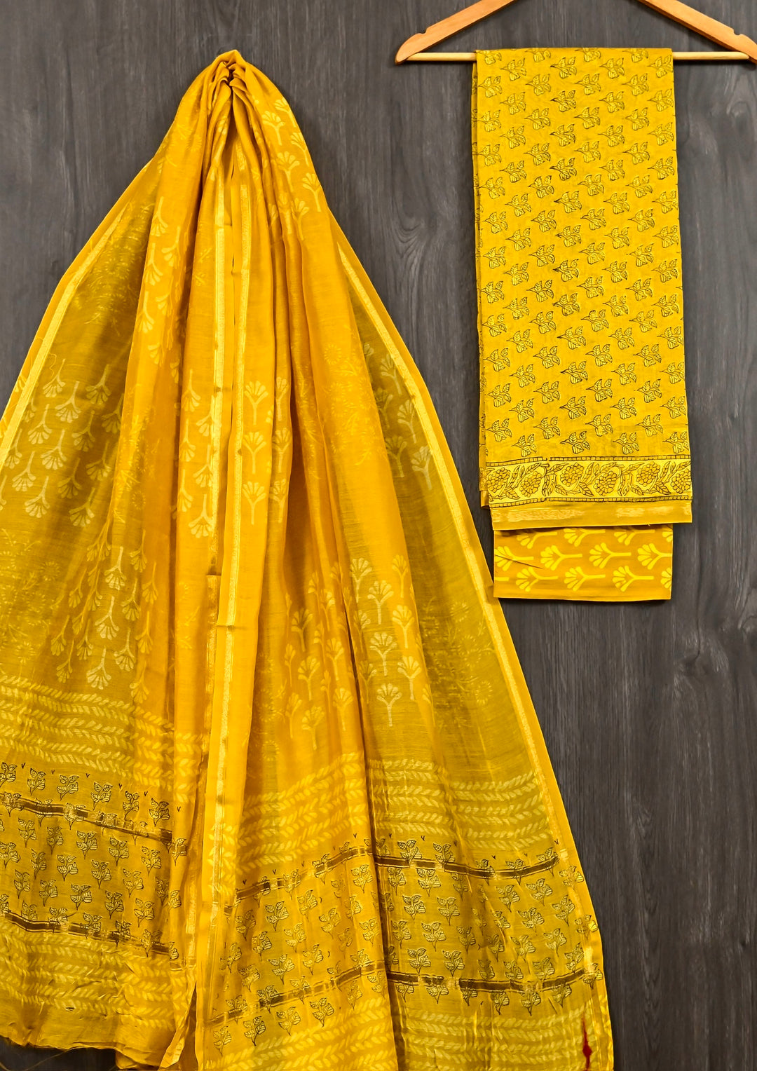 Bright Mustard Yellow Self-Print Pure Chanderi Silk Suit with Traditional Block Prints