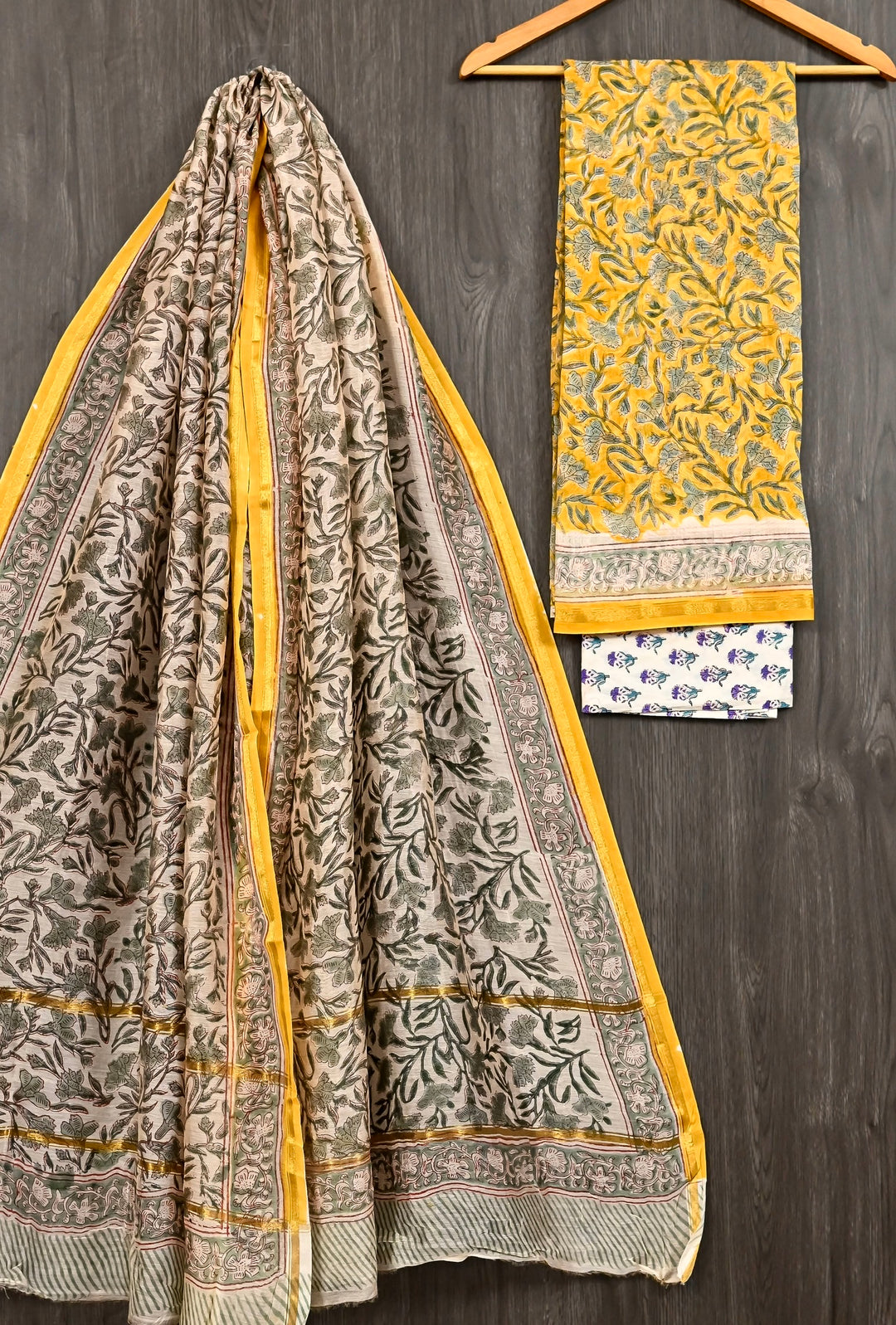 Off-White & Sage Green Floral Vine Handblock Printed Pure Chanderi Silk Suit
