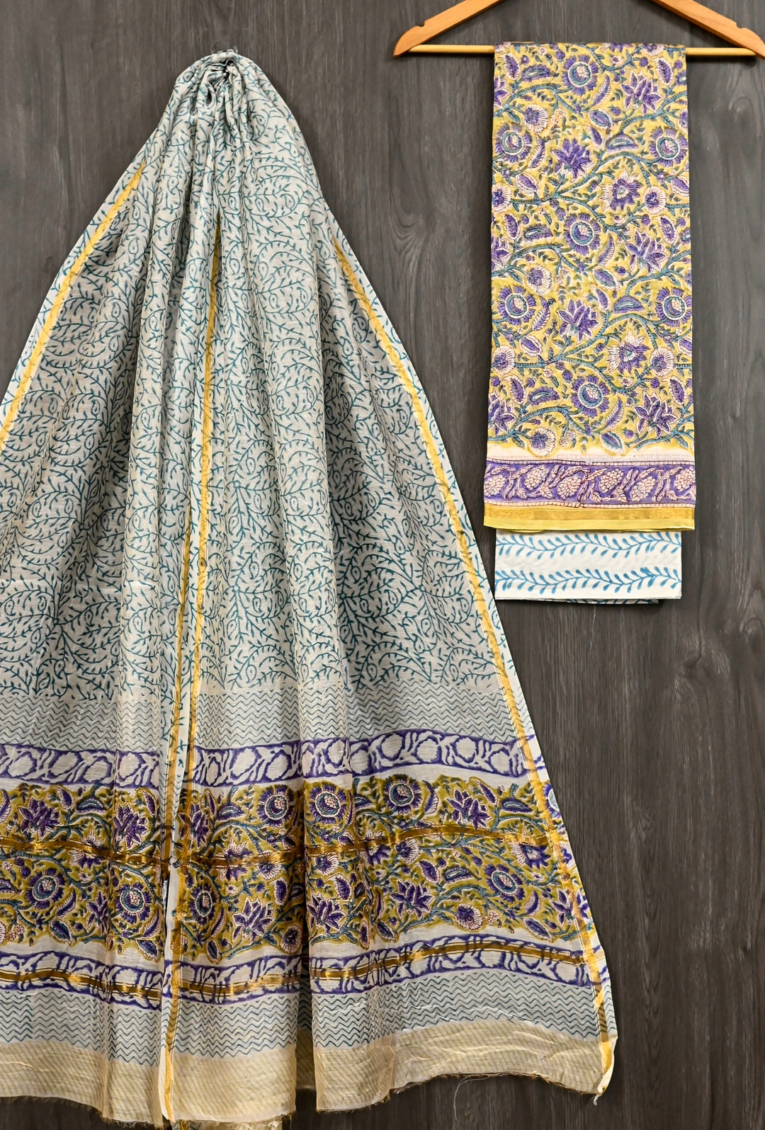 White & Sea Green Leafy Vine Handblock Printed Pure Chanderi Silk Suit with Purple Floral Accents