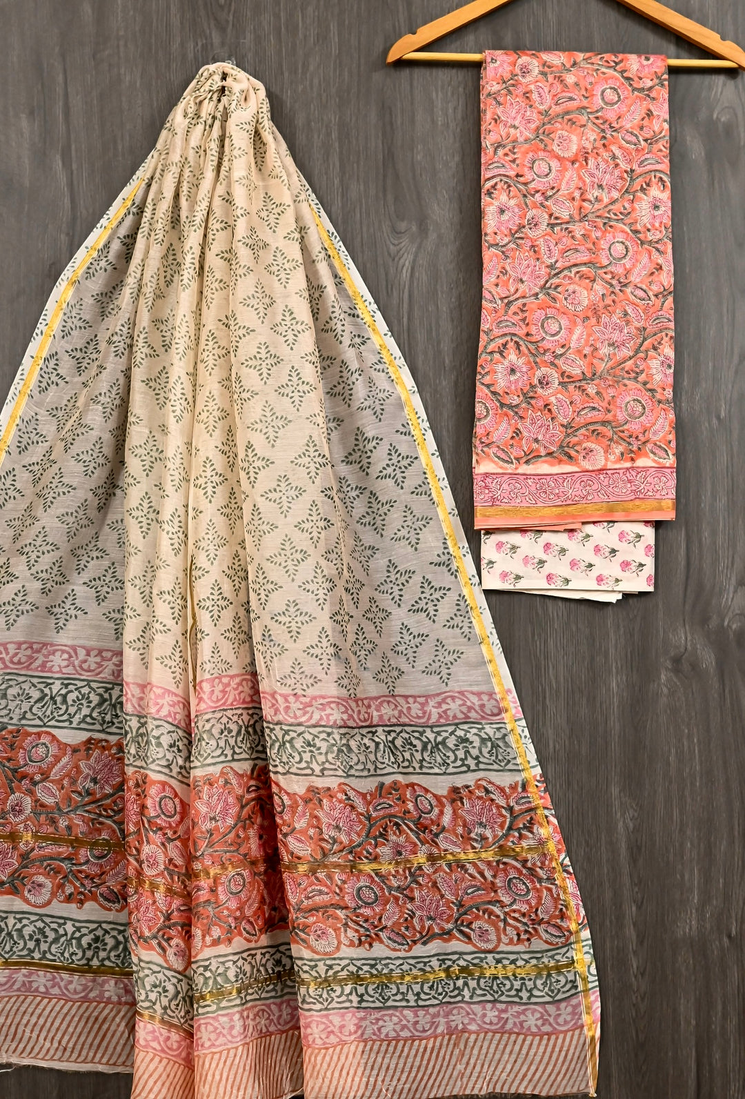 Peach Rose Handblock Printed Pure Chanderi Silk Suit with Sage Green Small Buti Dupatta