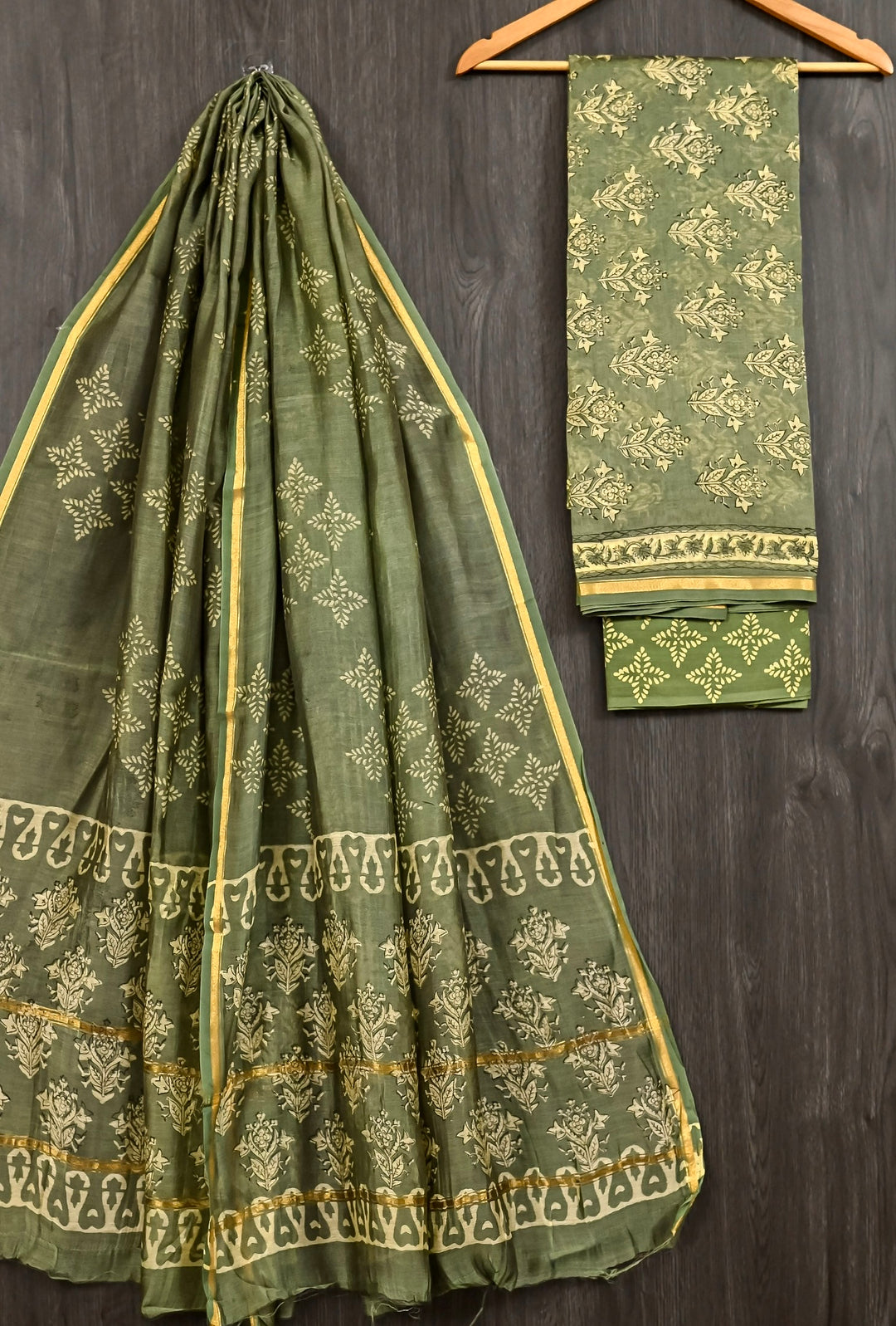 Olive Green & Golden Cream Traditional Buti Handblock Printed Pure Chanderi Silk Suit with Zari Border