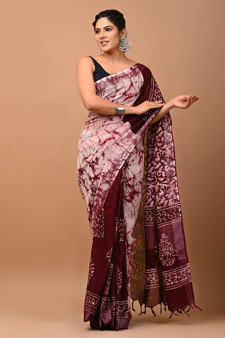 Linen cotton Handblock printed saree with blouse piece - Maroon Batik
