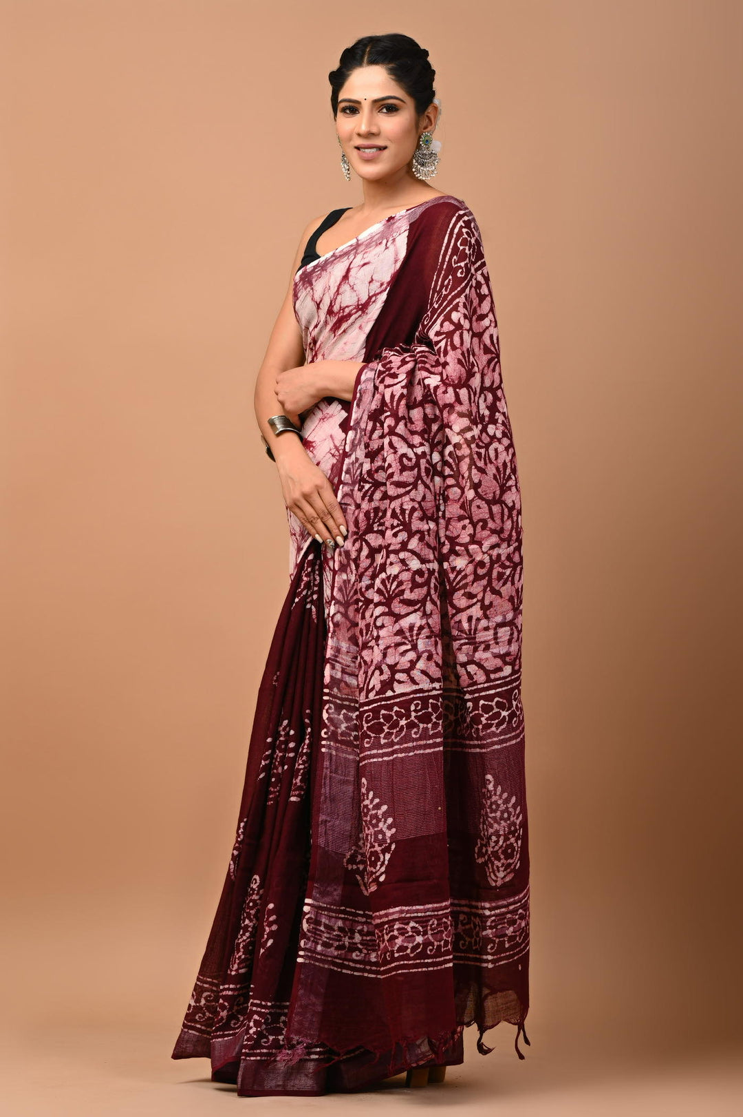 Linen cotton Handblock printed saree with blouse piece - Maroon Batik