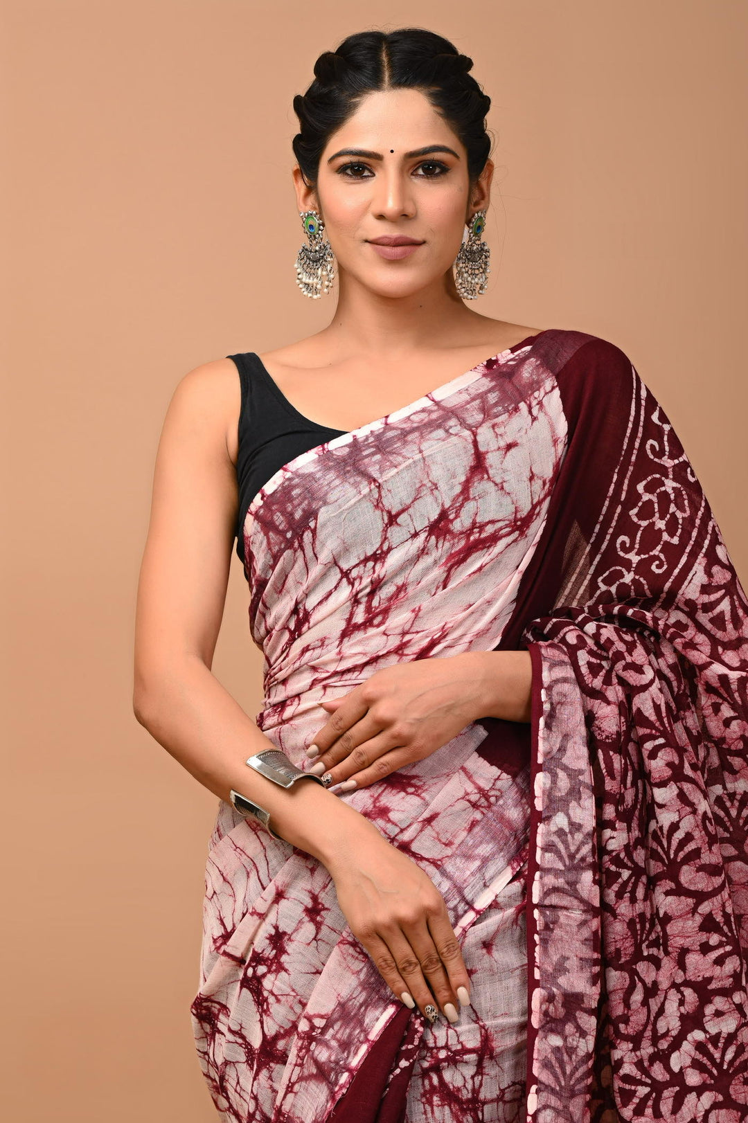 Linen cotton Handblock printed saree with blouse piece - Maroon Batik