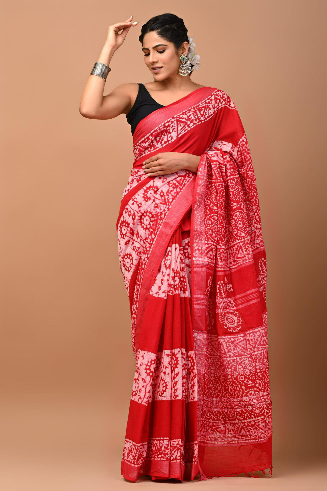 Linen cotton Handblock printed saree with blouse piece - Pink