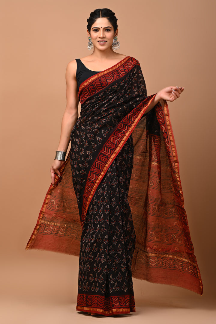 Handcrafted Ajrakh Print Chanderi Silk Saree with Traditional Buti Design