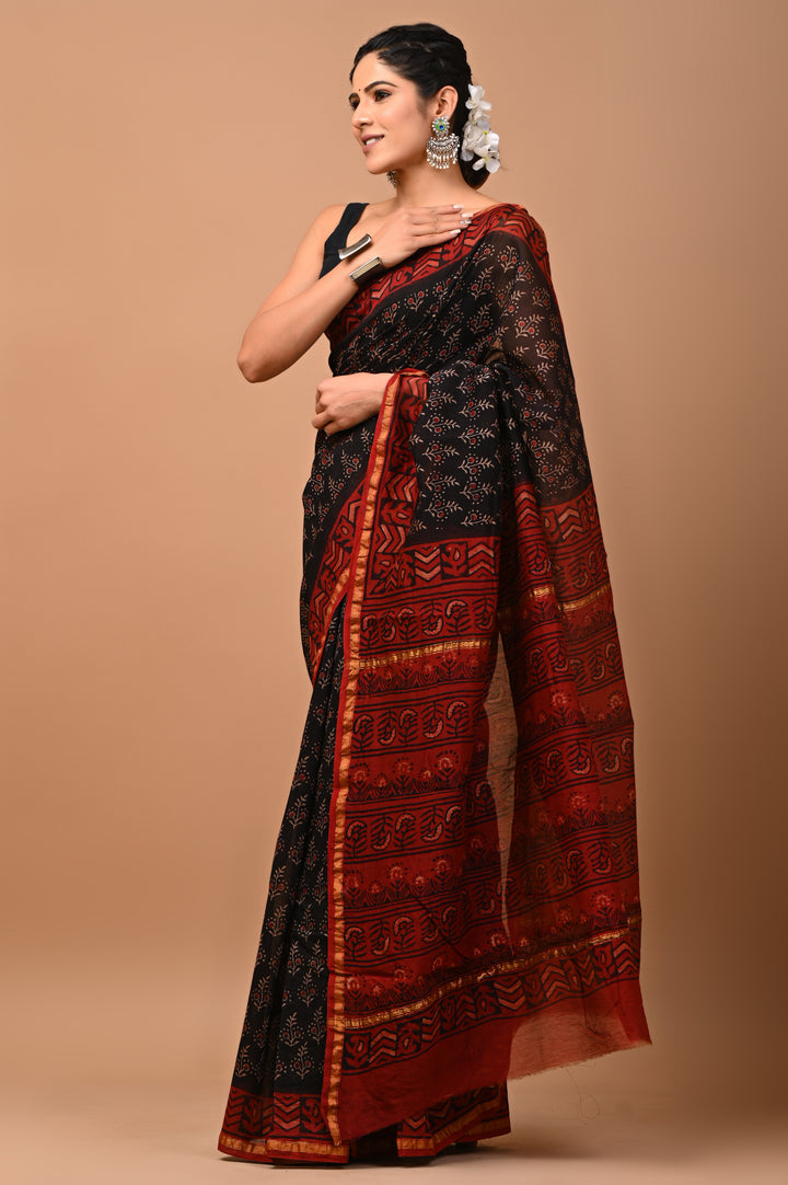 Handcrafted Ajrakh Print Chanderi Silk Saree with Traditional Buti Design