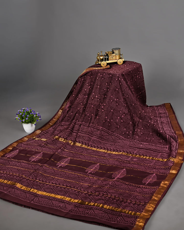 Bandhani Pure Maheshwari Silk Saree Handblock Printed Saree - Chocolate Brown