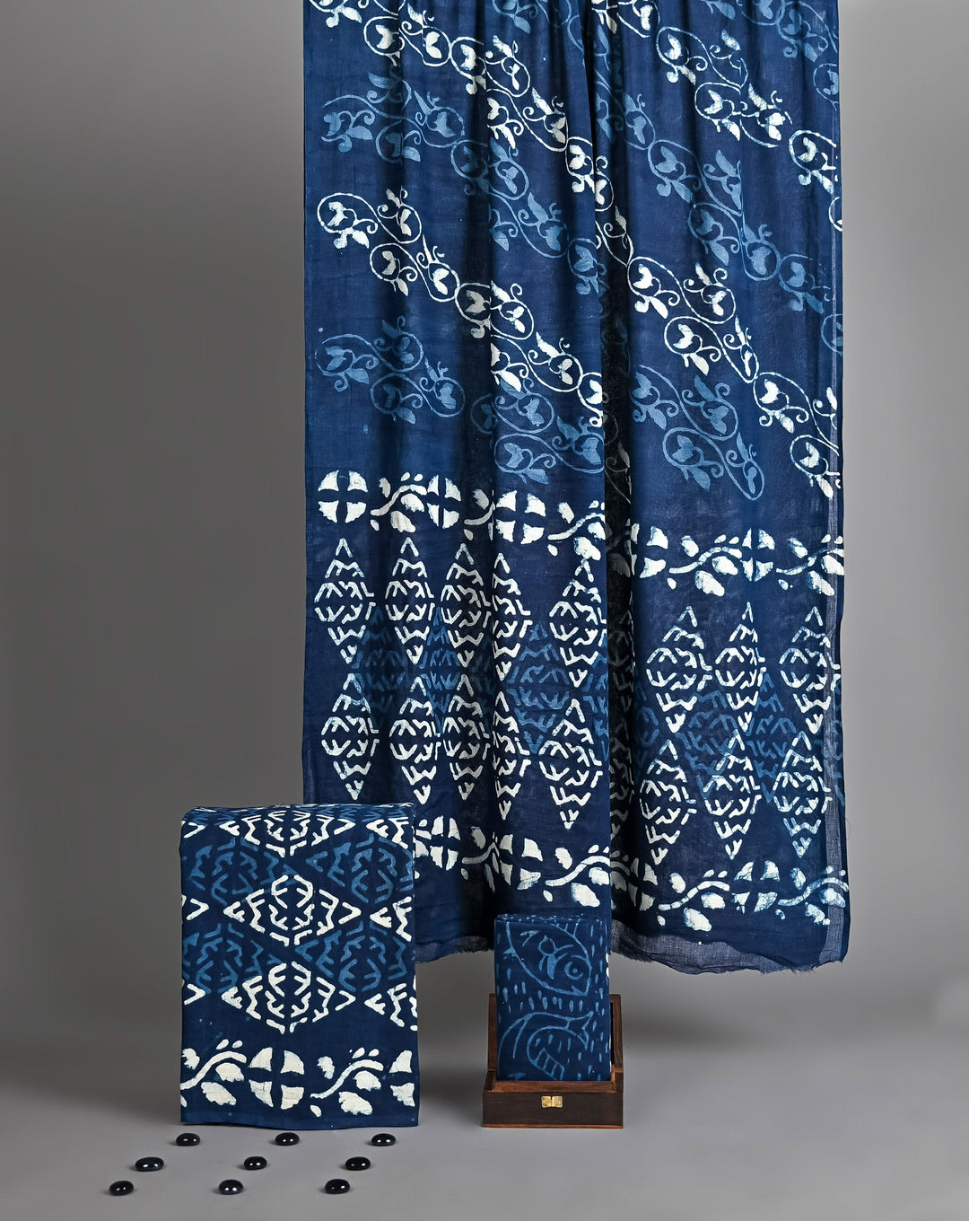Classic Indigo Blue Vine & Geometric Hand Block Print Pure Cotton Suit with Fish Motif Dupatta