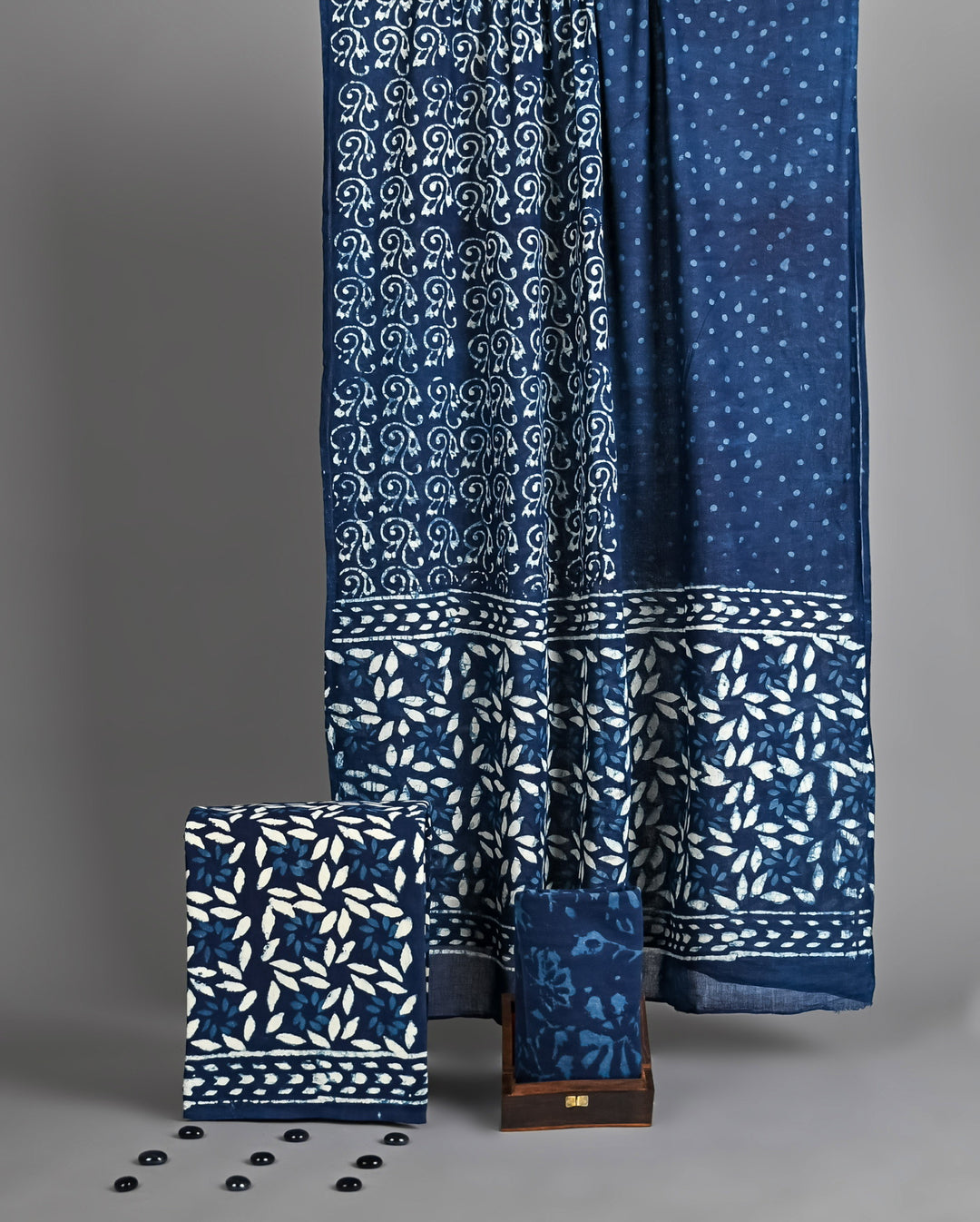 Indigo Blue Leafy Jaal Hand Block Printed Cotton Suit with Polka Dot Detail Dupatta