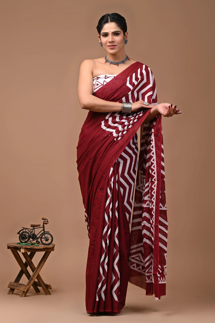Jaipuri Printed Pure Mulmul Cotton Saree | With Blouse Piece Maroon
