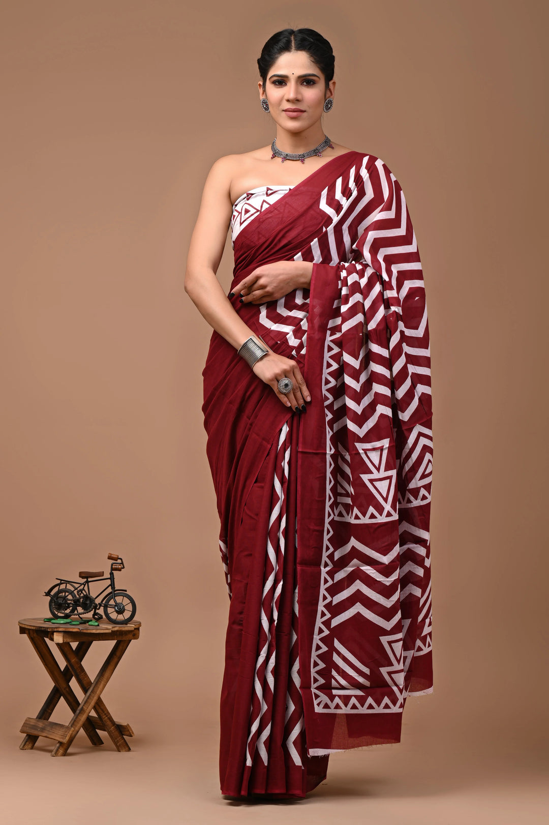 Jaipuri Printed Pure Mulmul Cotton Saree | With Blouse Piece Maroon