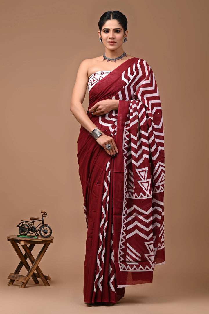 Jaipuri Printed Pure Mulmul Cotton Saree | With Blouse Piece Maroon