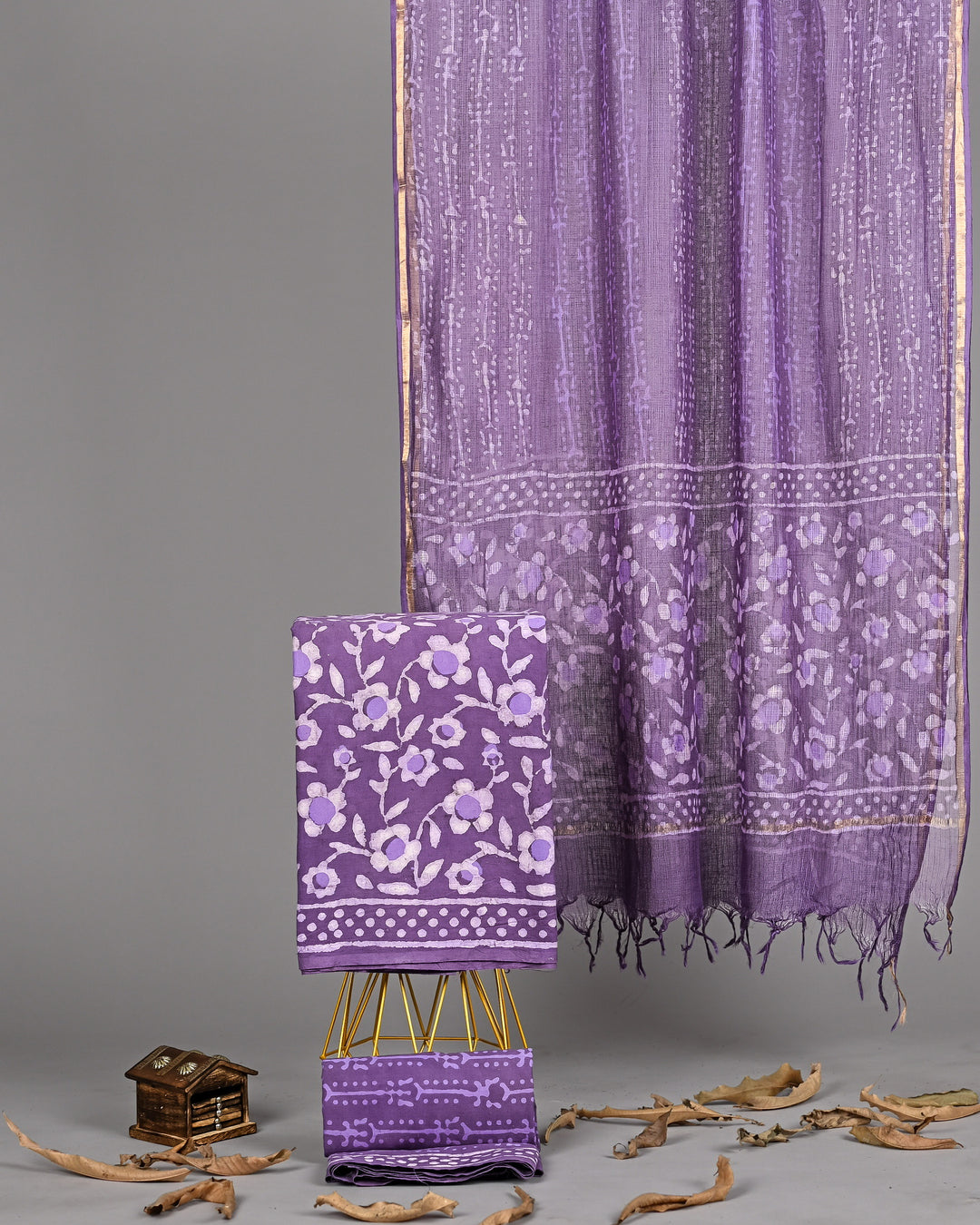 Lavender Purple Handblock Printed Cotton Suit Set with Kota Doria Dupatta (3 Piece)