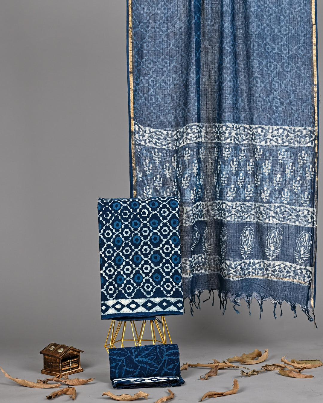 Indigo Blue Handblock Printed Cotton Suit with Kota Doria Dupatta – Premium 3 Piece Set