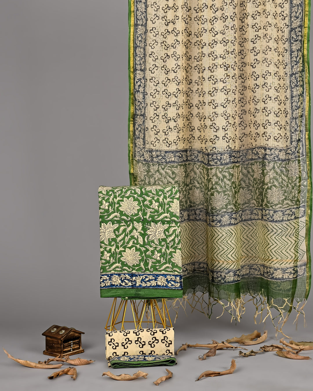 Mehendi Green Floral Handblock Cotton Suit Set with Kota Doria Dupatta (3 Piece)