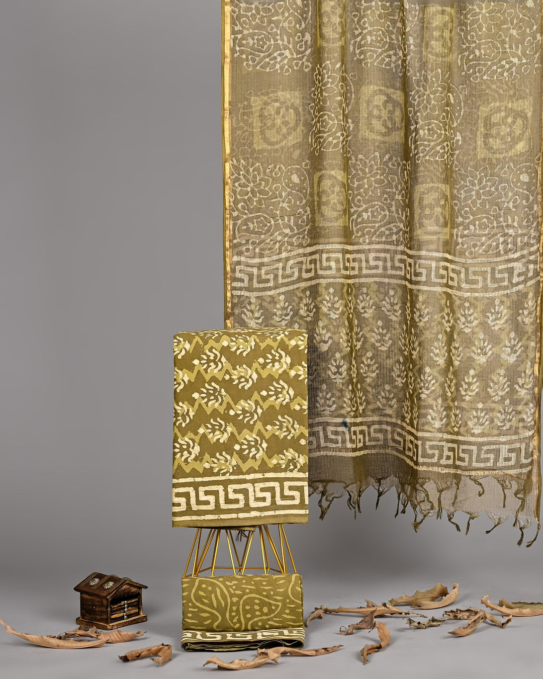 Olive Mustard Handblock Printed Cotton 3 Piece Suit Set with Kota Doria Dupatta