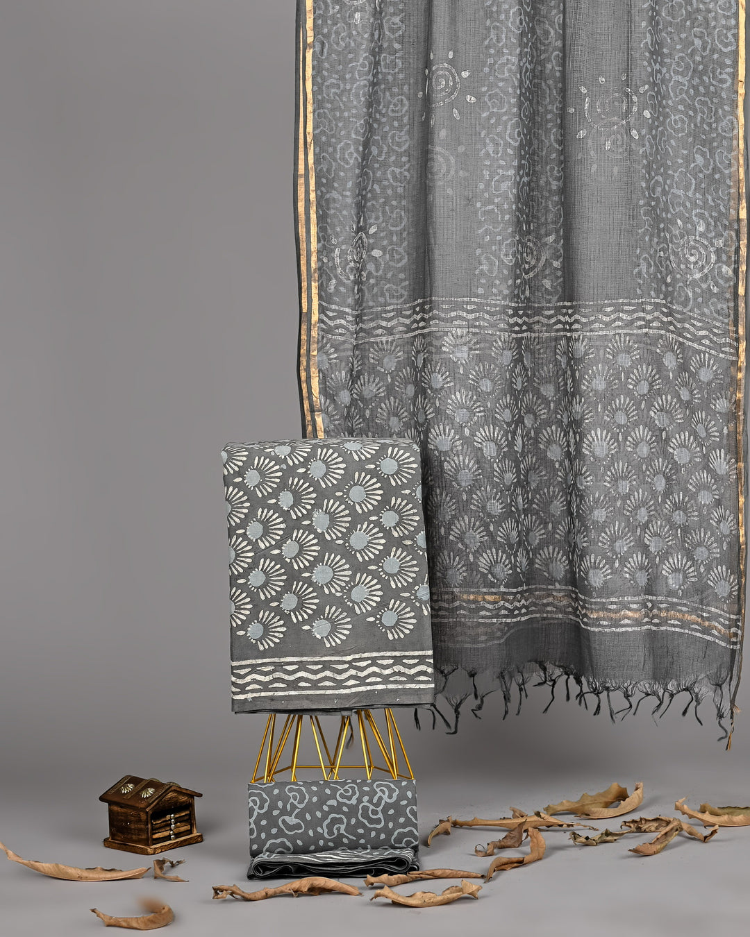 Charcoal Grey Premium Handblock Printed Cotton Suit with Kota Doria Dupatta