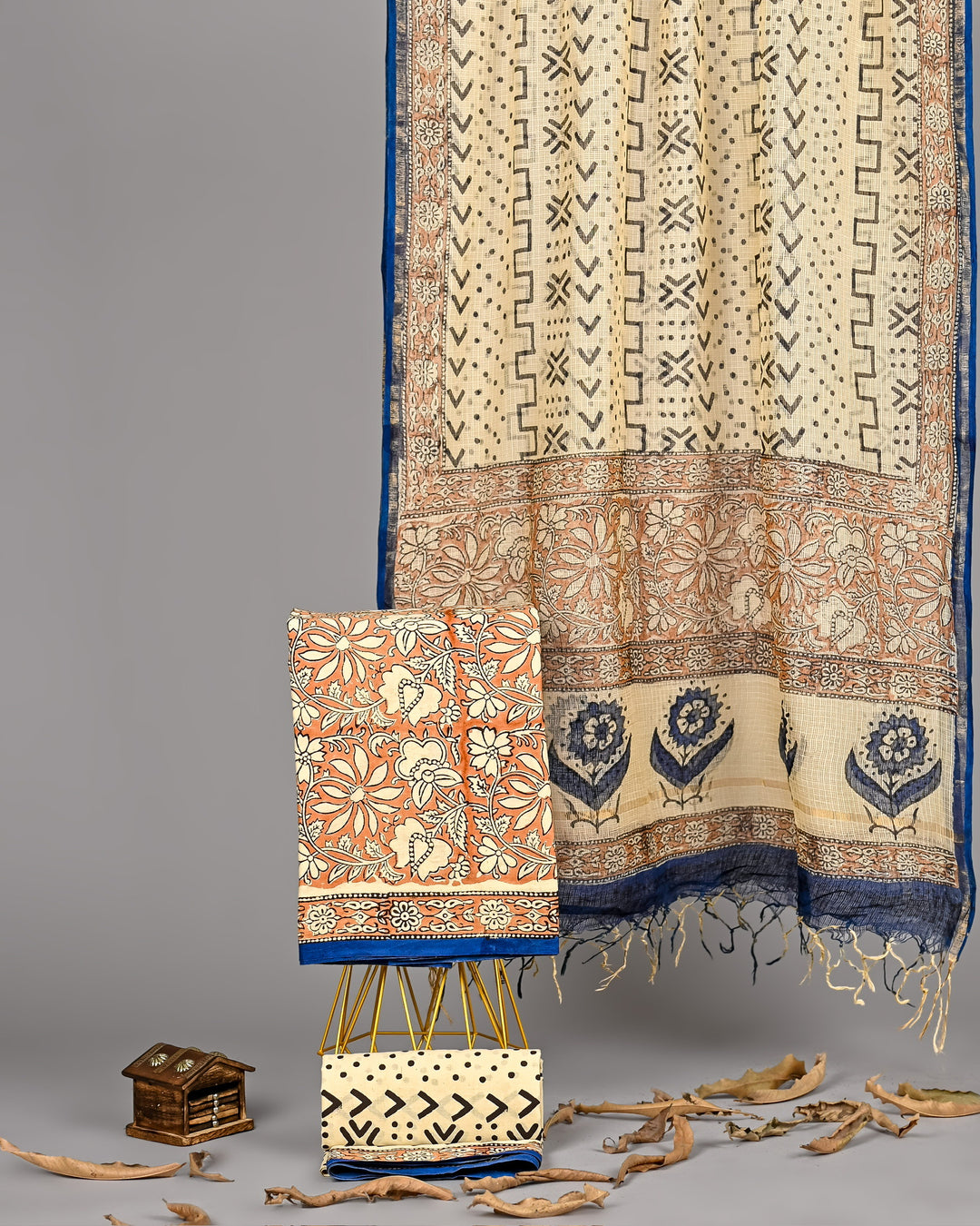 Beige & Indigo Handblock Printed Cotton Suit Set with Kota Doria Dupatta (3 Piece)