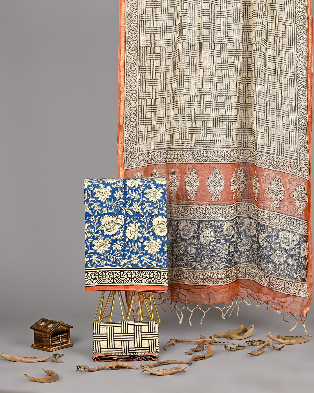 Peach Handblock Printed Cotton Suit Set with Soft Kota Doria Dupatta