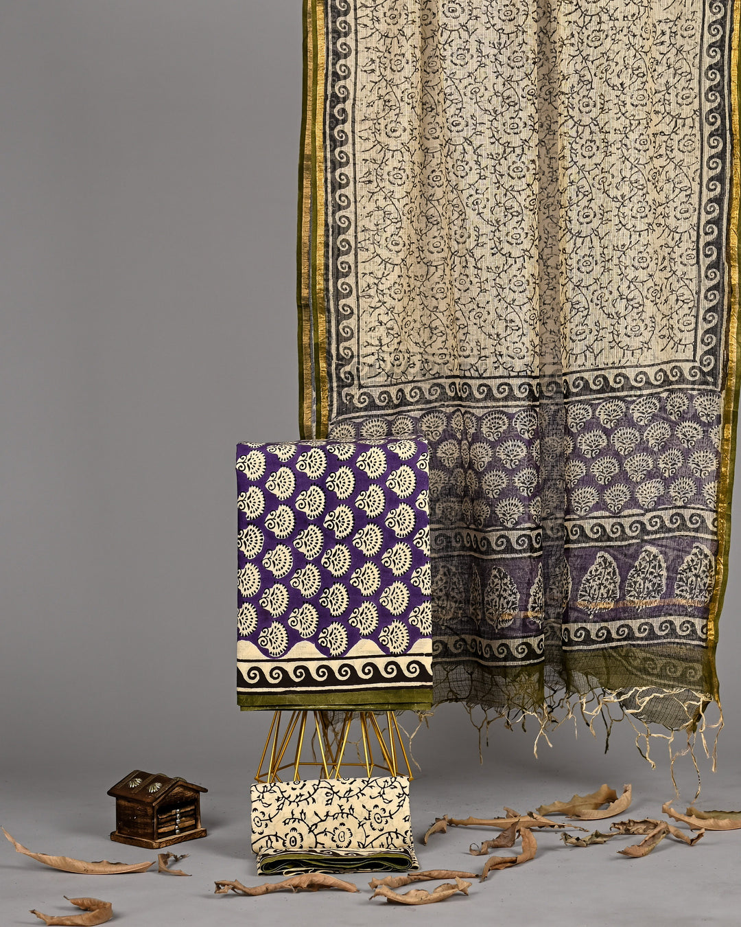 Premium Handblock Printed Pure Cotton 3 Piece Suit with Kota Doria Dupatta – Royal Purple Paisley
