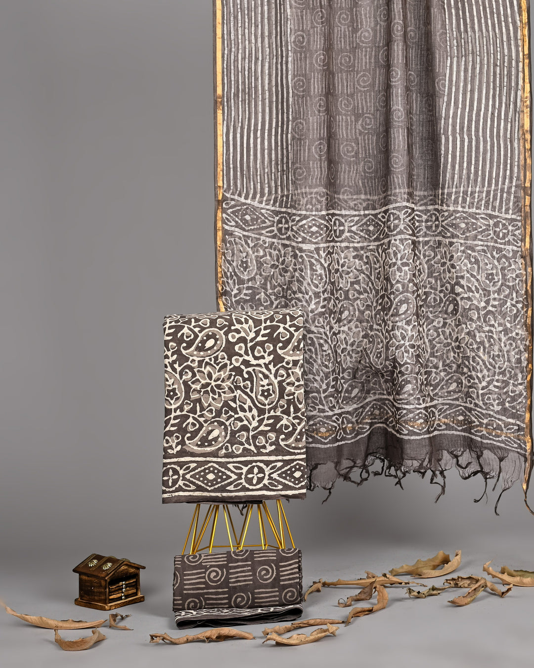Premium Handblock Printed Pure Cotton 3 Piece Suit with Kota Doria Dupatta – Earth Brown Traditional Print