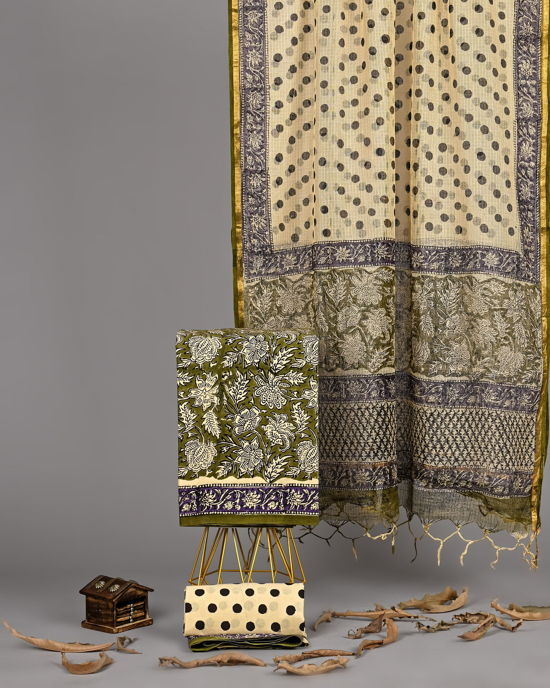 Premium Handblock Printed Pure Cotton 3 Piece Suit with Kota Doria Dupatta – Beige Polka & Floral Border