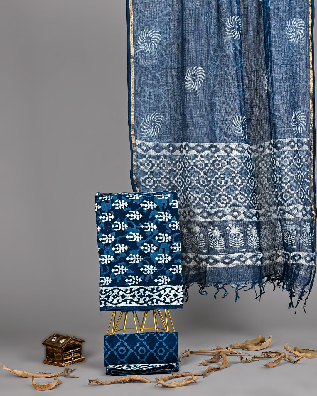 Premium Handblock Printed Pure Cotton 3 Piece Suit with Kota Doria Dupatta – Indigo Blue Classic Print