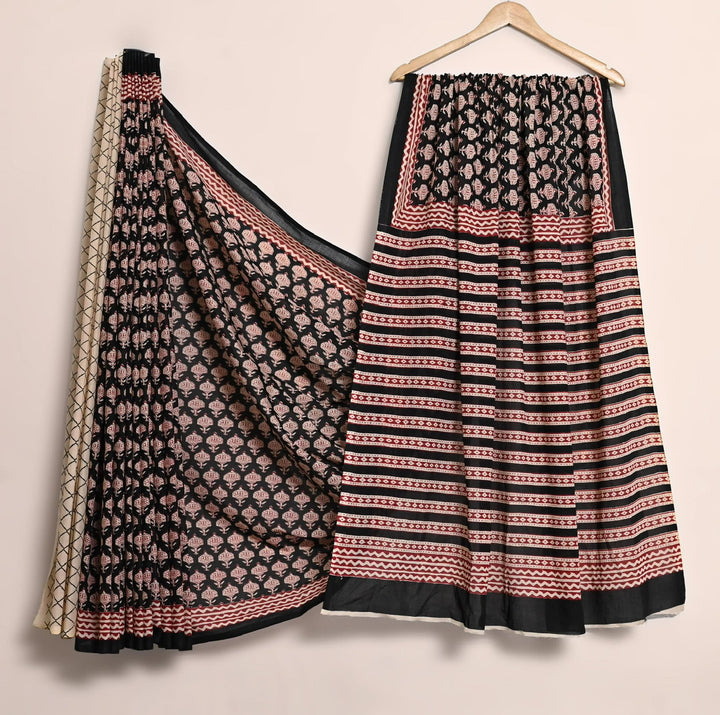 Traditional bagru Handblock printed Pure Cotton Mulmul Bagru  Saree with blouse