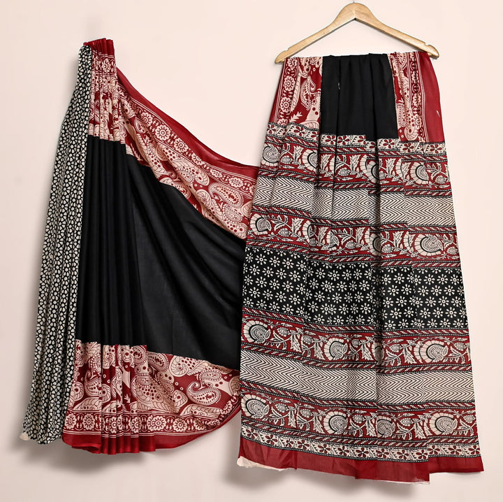 Red and black Pure Cotton Mulmul Bagru Handblock print Saree with blouse