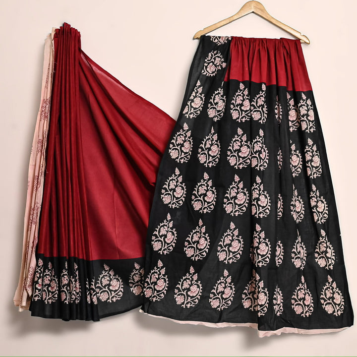 Pure Cotton Mulmul Bagru Handblock print Saree with blouse - Red with black boota