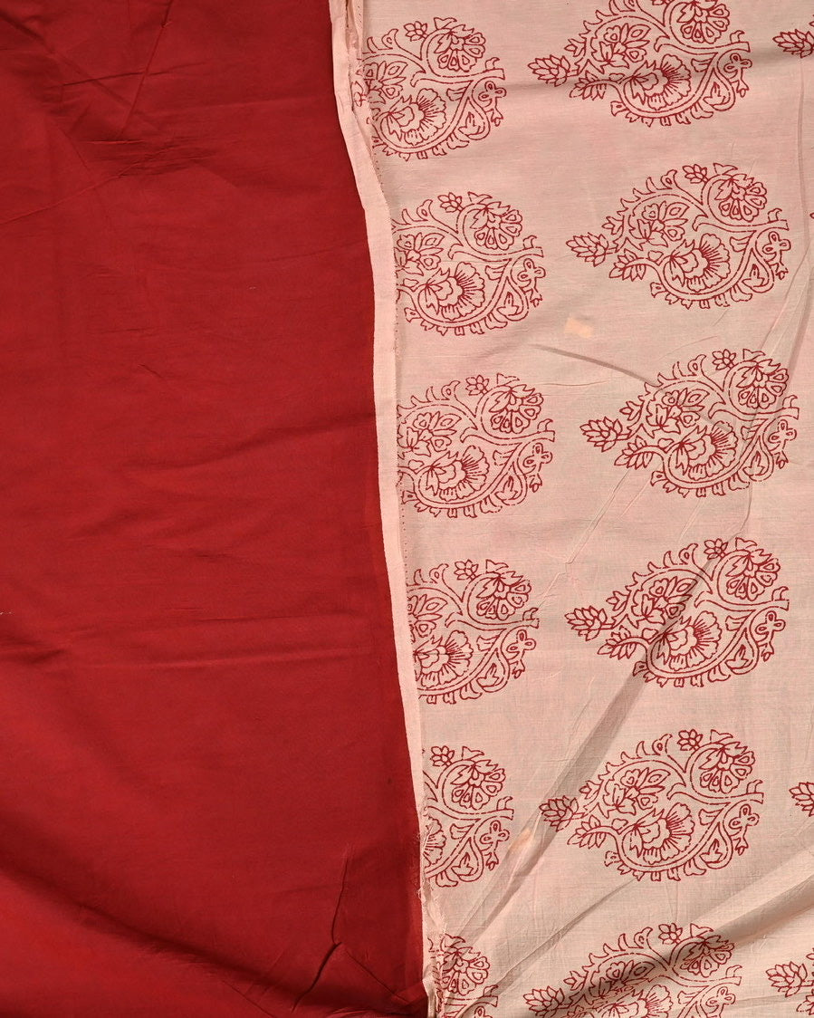 Pure Cotton Mulmul Bagru Handblock print Saree with blouse - Red with black boota