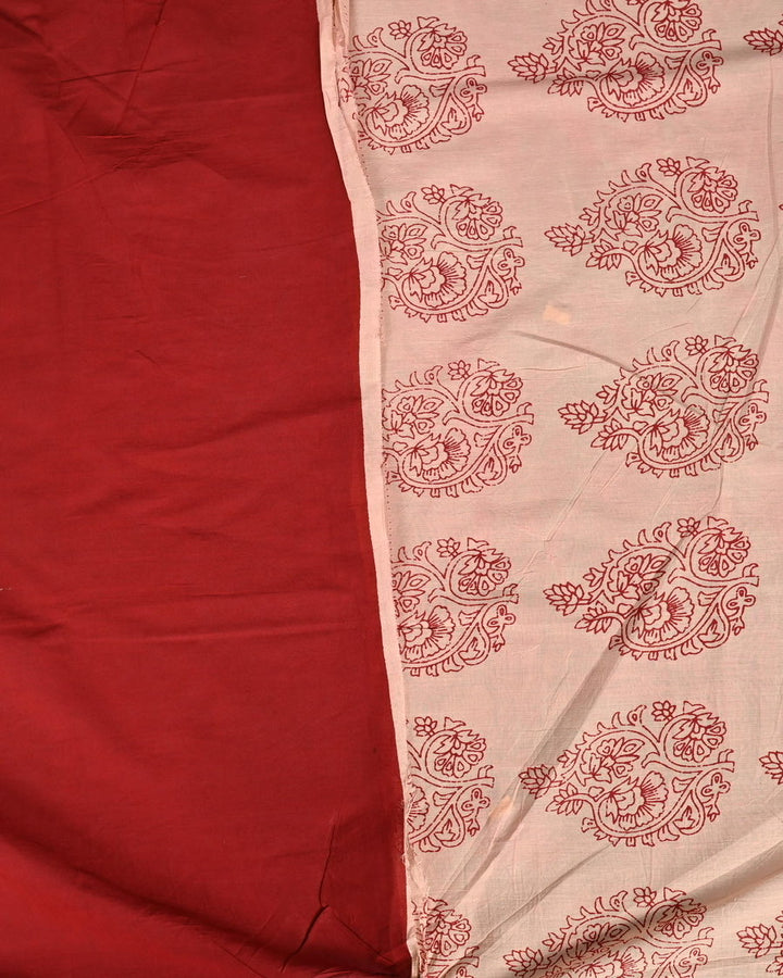Pure Cotton Mulmul Bagru Handblock print Saree with blouse - Red with black boota
