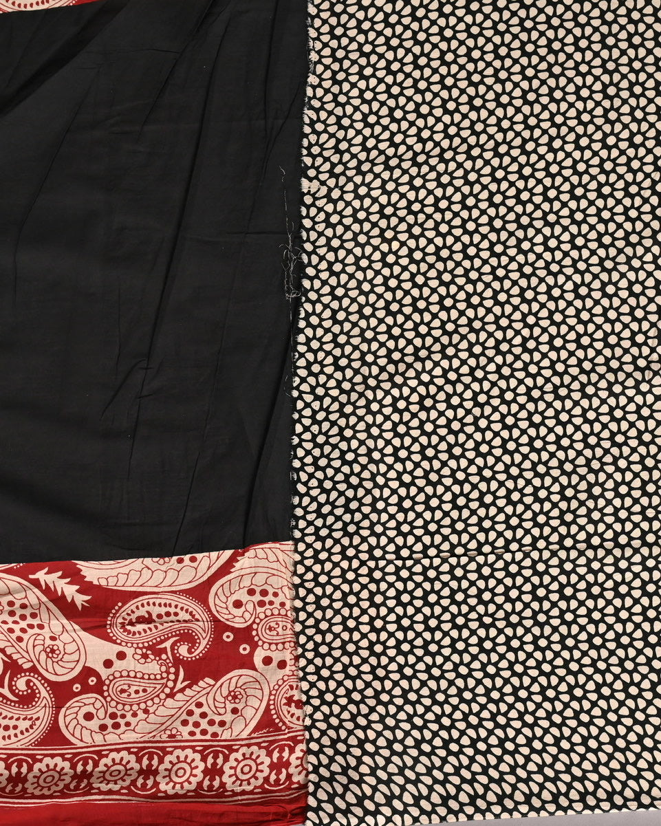 Red and black Pure Cotton Mulmul Bagru Handblock print Saree with blouse