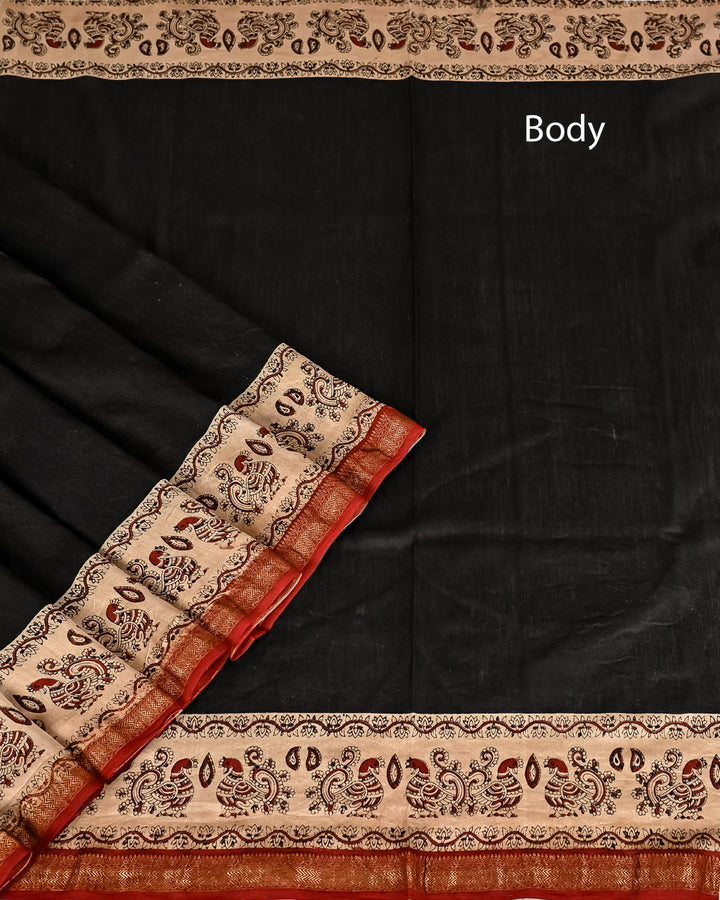 Kalamkari Pure Maheshwari Silk Saree Handblock Printed Saree - Black with red pipin