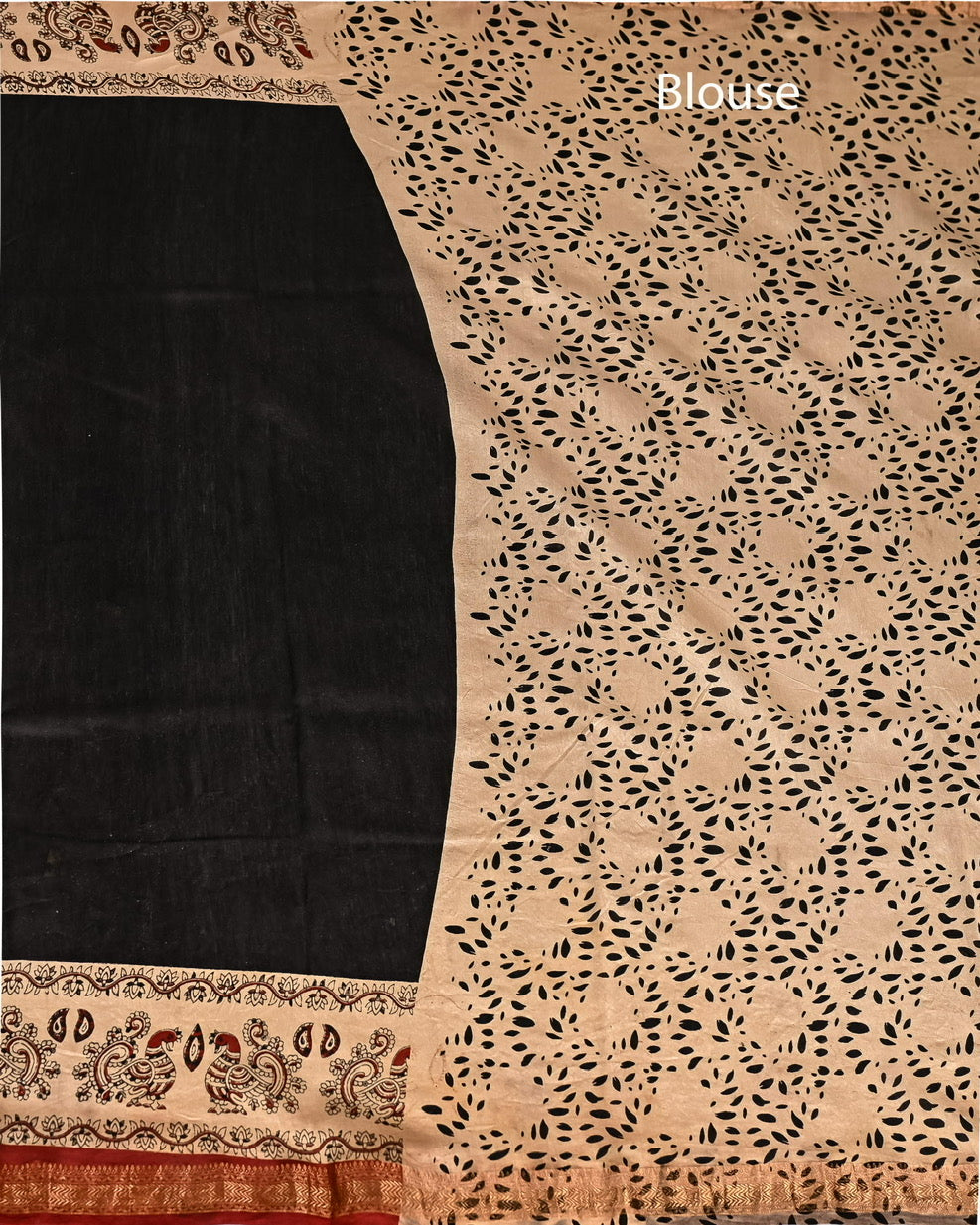Kalamkari Pure Maheshwari Silk Saree Handblock Printed Saree - Black with red pipin