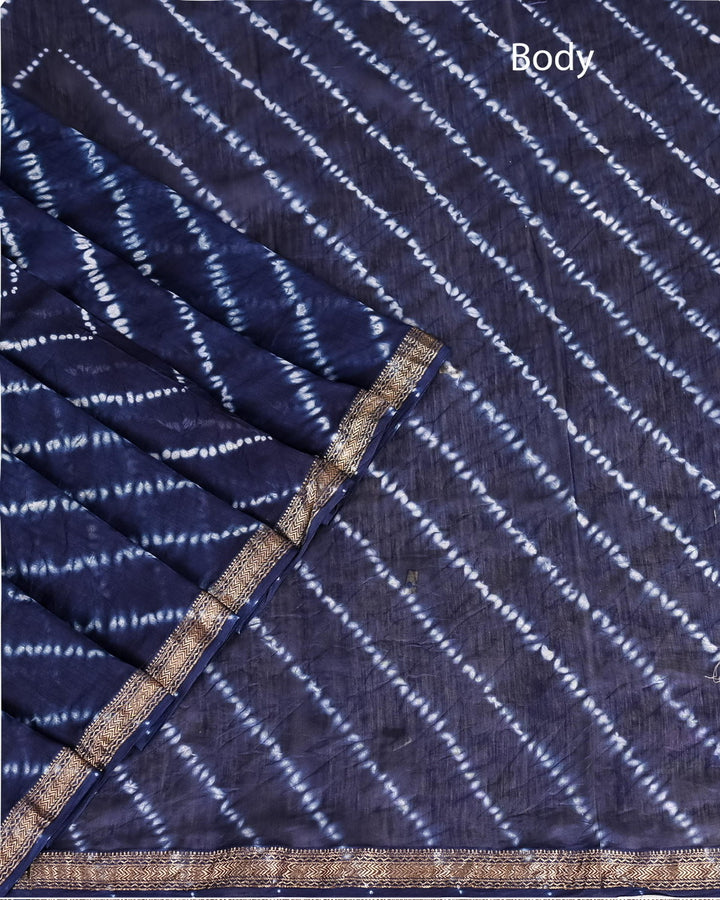 Shibori Pure Maheshwari Silk Handblock Printed Saree - Blue Lehariya