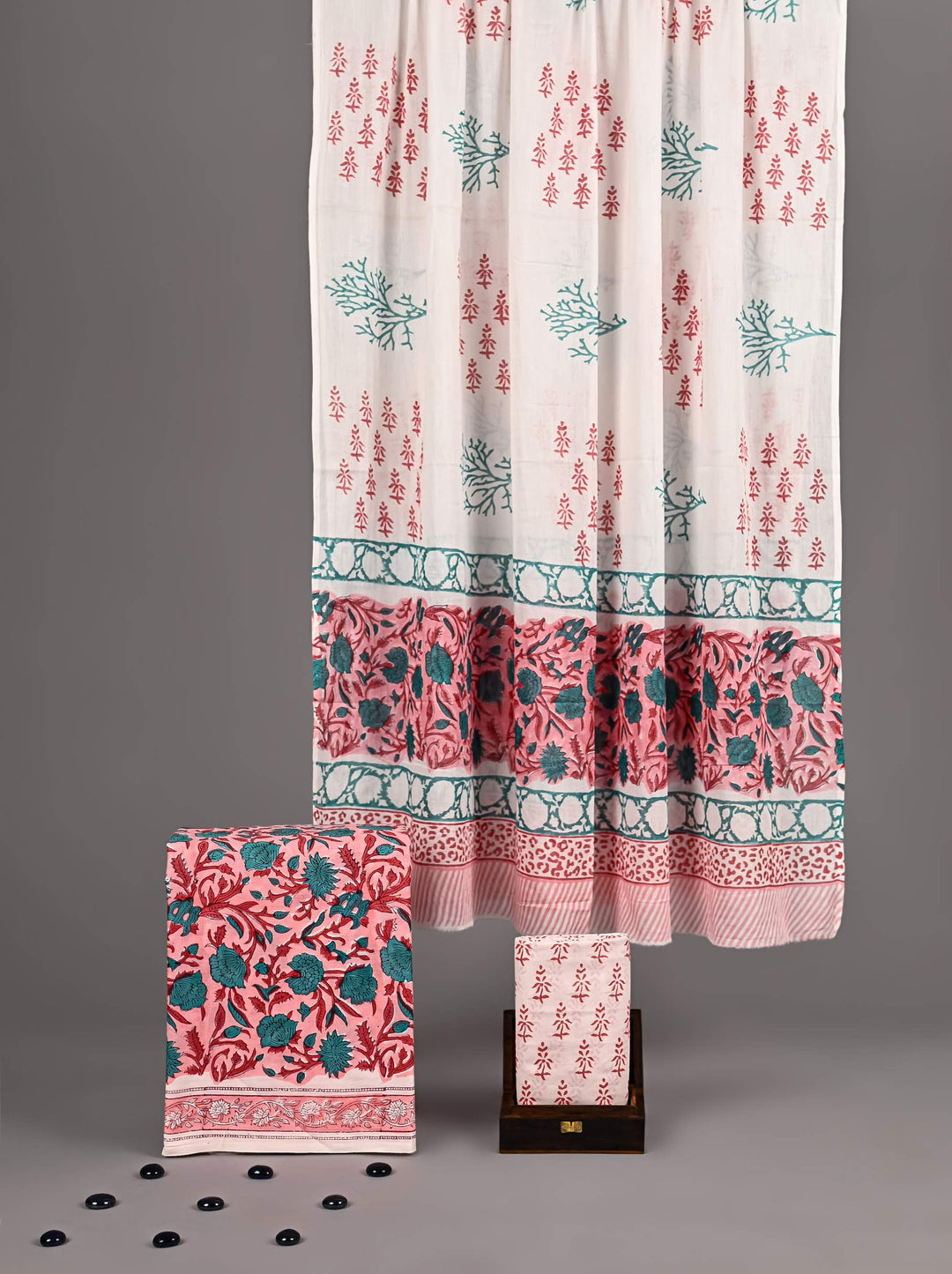 Pink & Teal Handblock Printed Cotton Suit with Contrast Dupatta