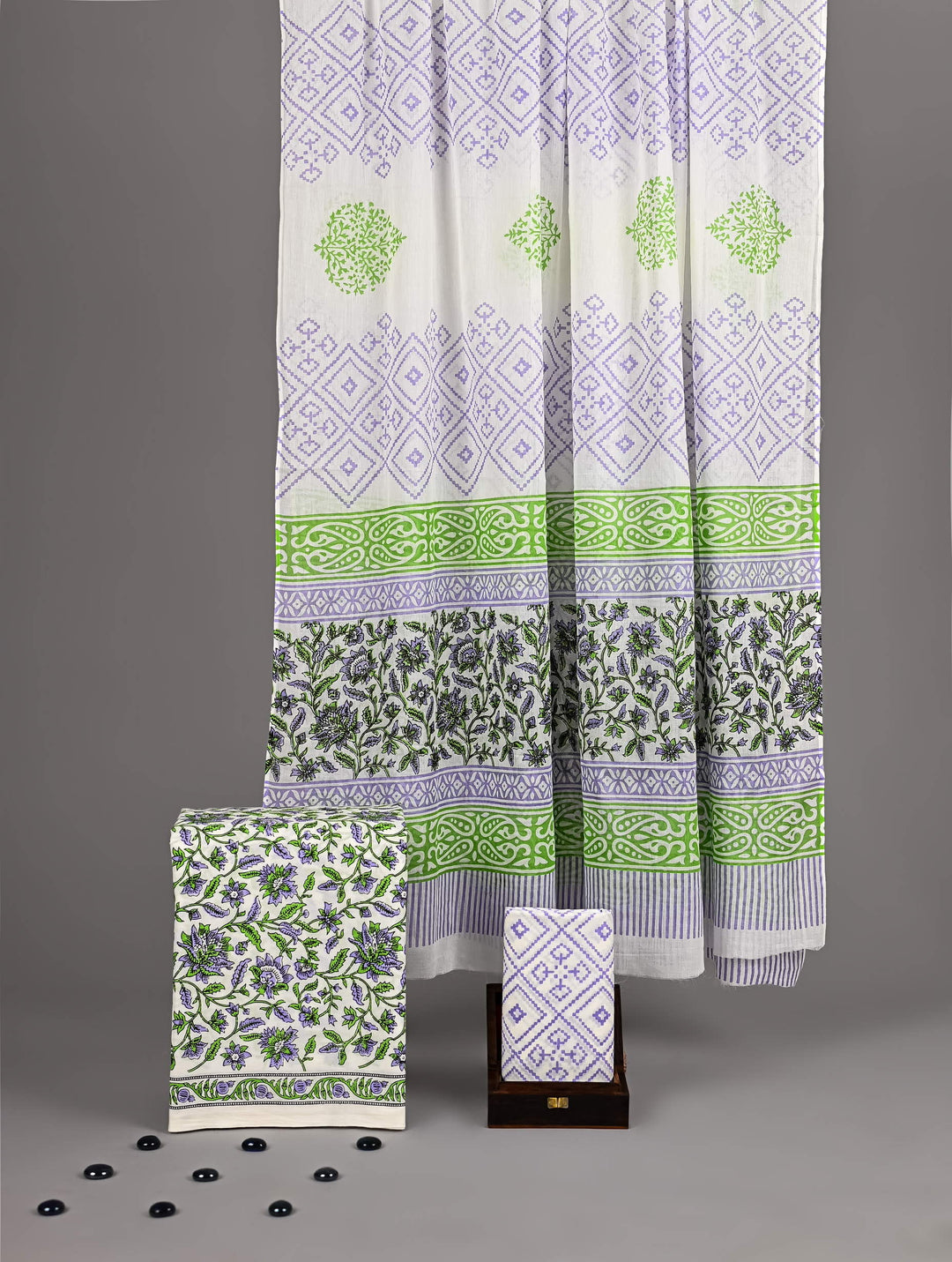 Mint Green & Lavender Handblock Printed Cotton Suit with Butti Print