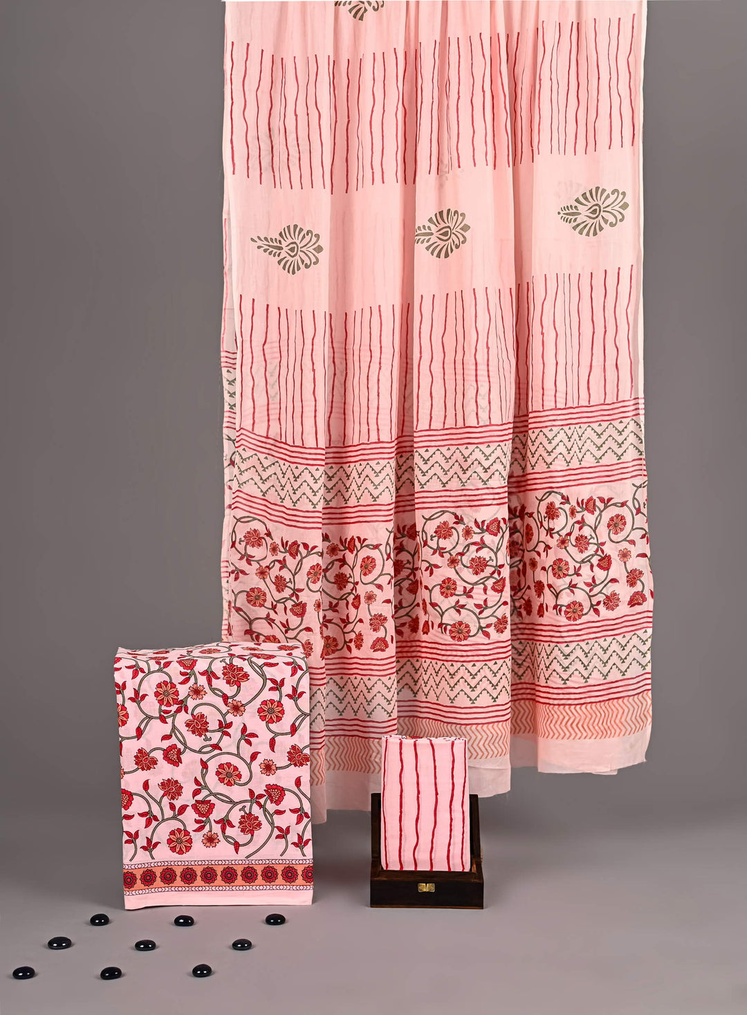 Elegant Coral Pink Block Print Suit with Vine Patterns - 3 Piece Set