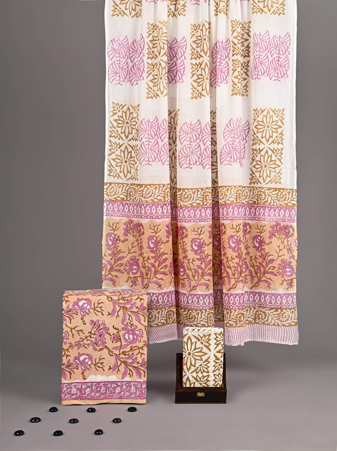 Mustard & Pink Handblock Printed Pure Cotton Unstitched Suit Set