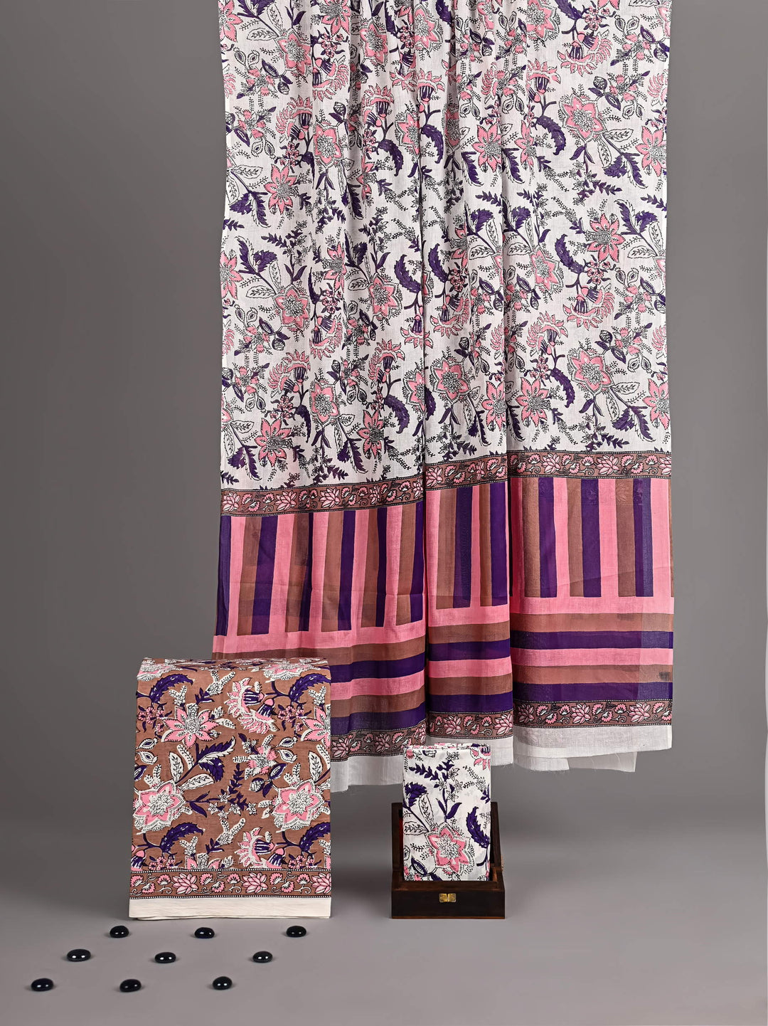 Earthy Brown & Purple Handblock Printed Cotton Suit with Striped Dupatta