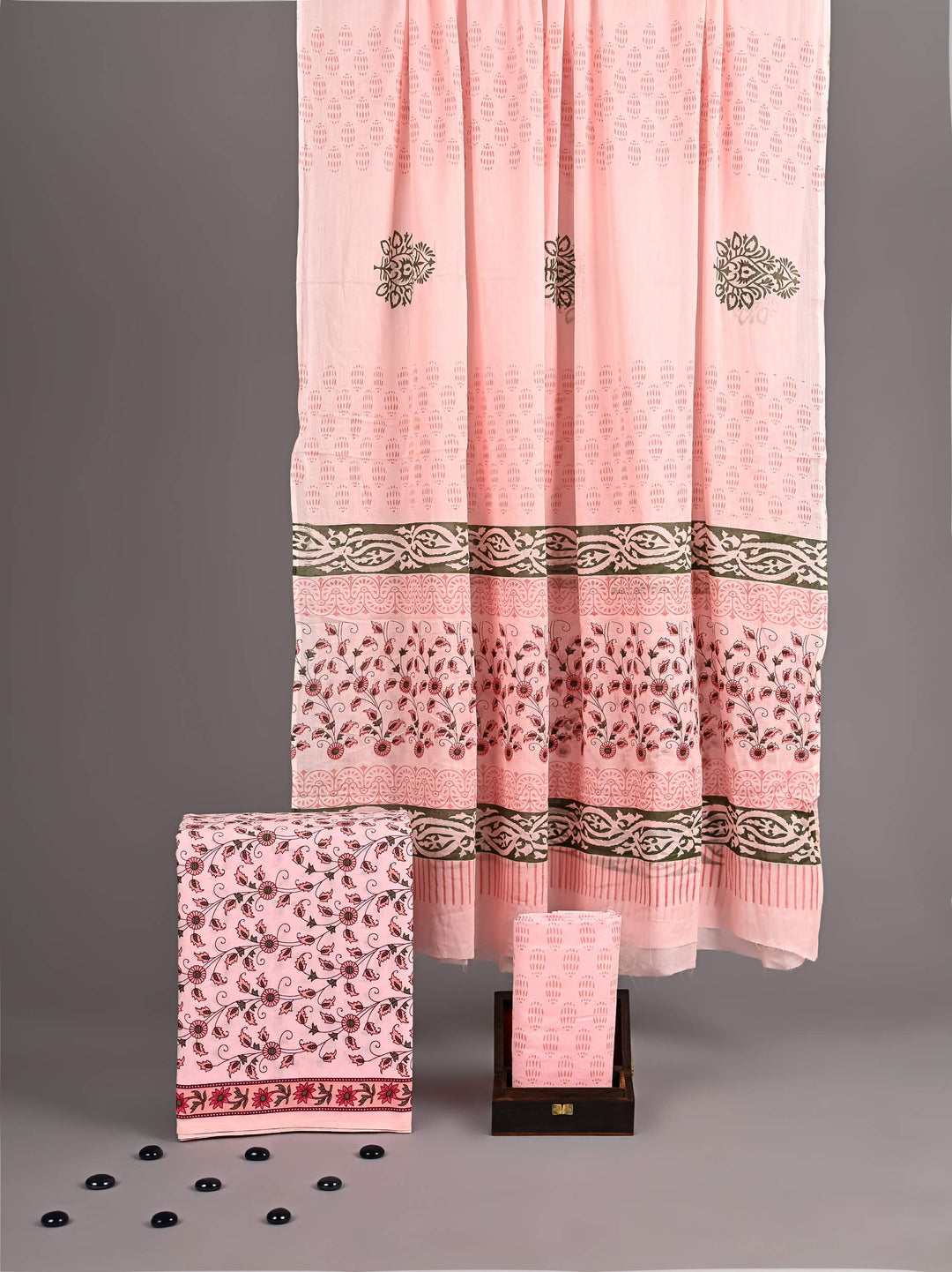 Soft Peach & Olive Green Handblock Printed Pure Cotton Suit Set