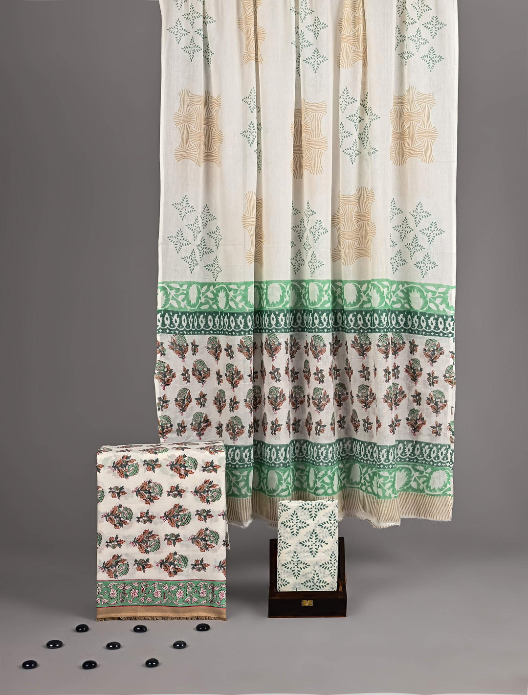 Off-White & Forest Green Handblock Printed Cotton Unstitched Suit