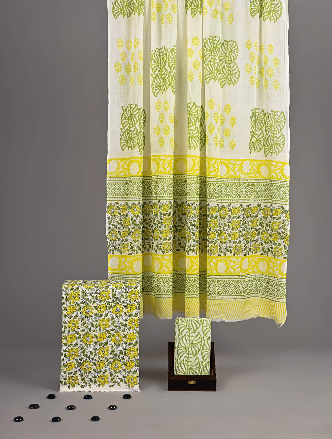 Neon Lime & Green Handblock Printed Cotton Suit with Jaal Print