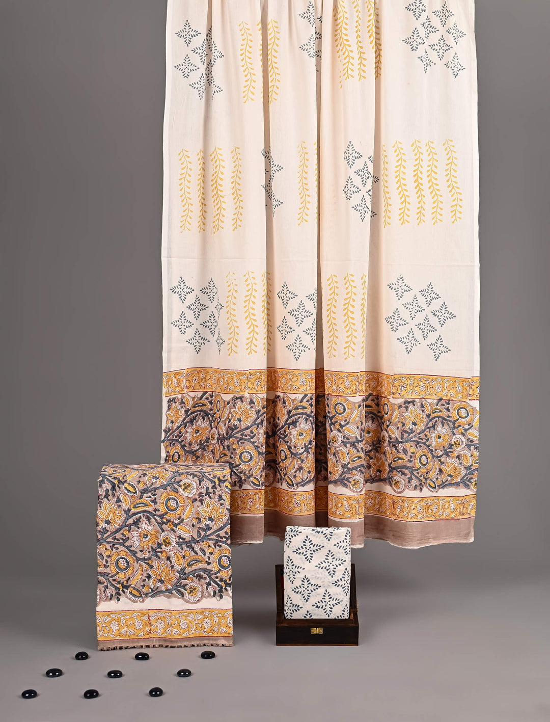 Cream & Ochre Yellow Handblock Printed Pure Cotton Suit Material