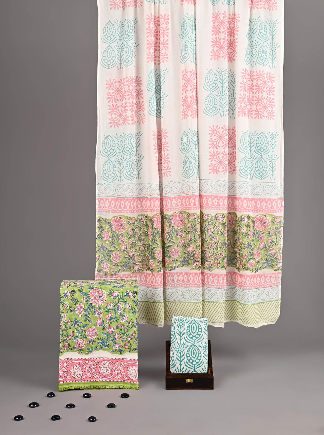 Pistachio Green & Rose Pink Handblock Printed Pure Cotton Suit