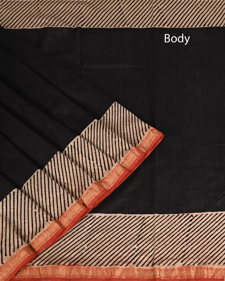 Putaai Pure Maheshwari Silk Saree Handblock Printed Saree - Red & Black